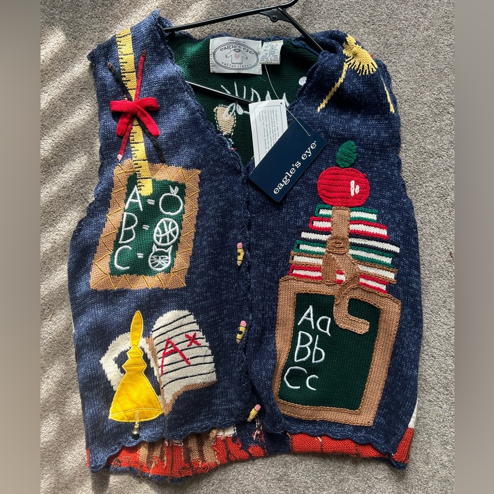 VTG 1996 Eagle's Eye Classroom School Teacher Cardigan Sweater Vest Women's L